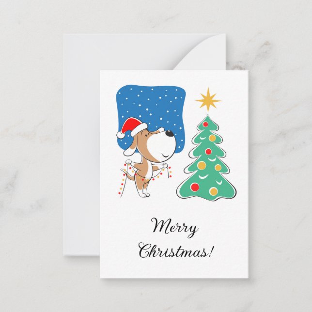 Merry Christmas Tree Cute Puppy Dog Santa Hat Note Card (Front)