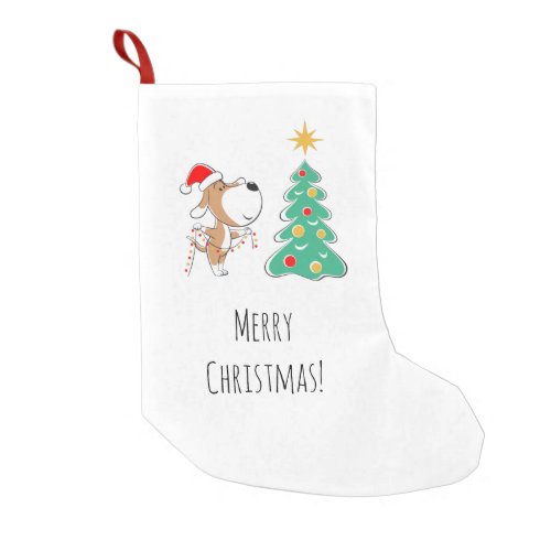 Merry Christmas Tree Cute Puppy Dog Santa Hat Small Christmas Stocking