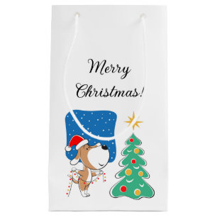 Merry Christmas Tree Cute Puppy Dog Santa Hat Small Gift Bag