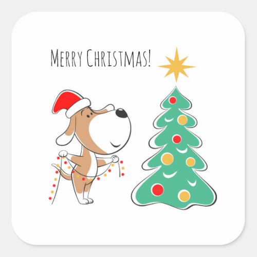 Merry Christmas Tree Cute Puppy Dog Santa Hat Square Sticker