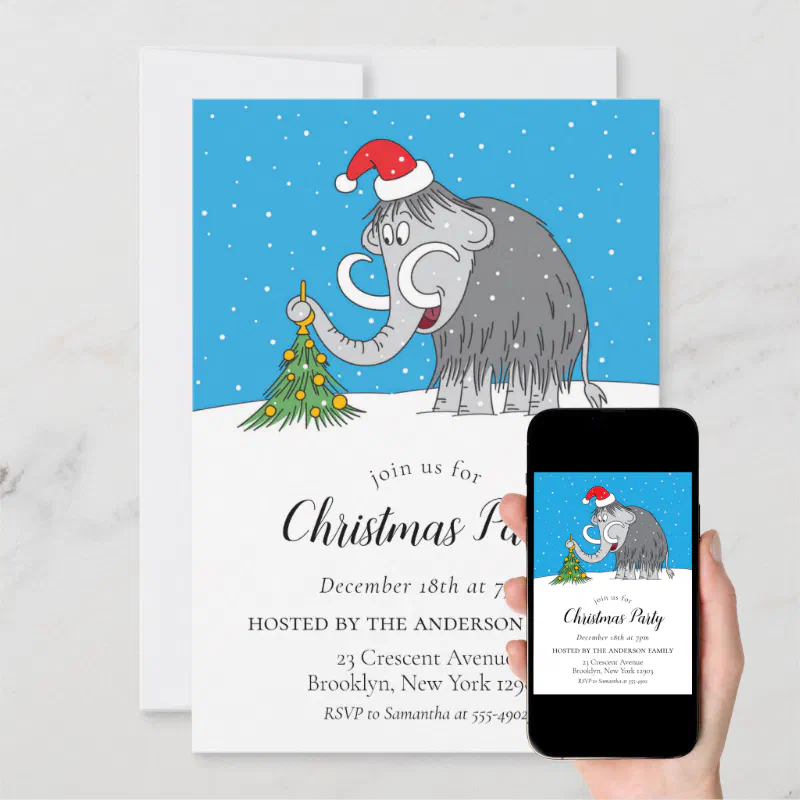 Merry Christmas Tree Cute Santa Hat Mammoth Party Invitation (Downloadable)