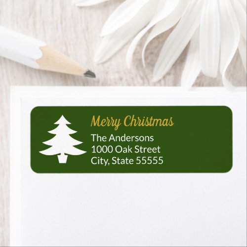 Merry Christmas Tree Dark Green and White Name Label