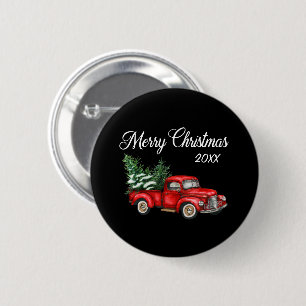 Merry Christmas Tree Date Vintage Red Truck Black Button