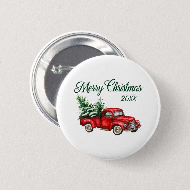 Merry Christmas Tree Date Vintage Red Truck Button (Front & Back)