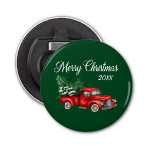 Merry Christmas Tree Date Vintage Red Truck Green Bottle Opener
