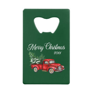 Merry Christmas Tree Date Vintage Red Truck Green Credit Card Bottle Opener