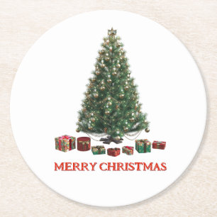 Merry Christmas. Tree (design 1) with gifts Round Paper Coaster
