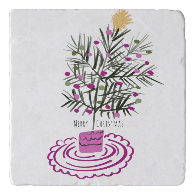 Merry Christmas Tree Doodle Art  Trivet (Front)
