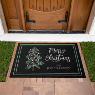 Merry Christmas Tree Elegant Monogram Family Name Doormat