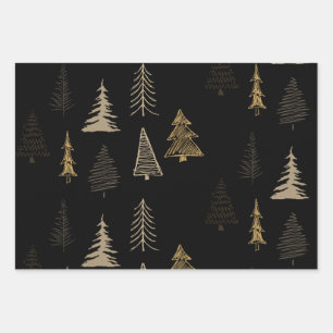 Merry Christmas Tree Falala Brown, Black Holiday Wrapping Paper Sheets