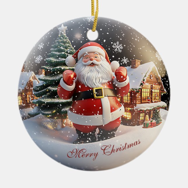Merry Christmas Tree Falling Snow Santa Clause  Ceramic Ornament (Front)