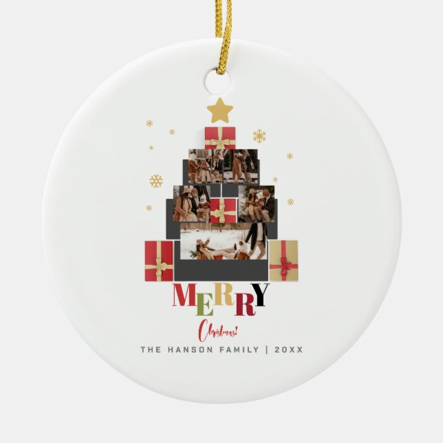 Merry Christmas Tree Family Photo Collage Ceramic Ornament (Front)
