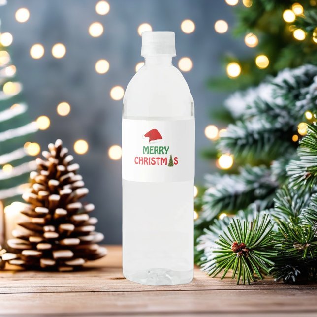 Merry Christmas Tree Festive Santa's Red Hat Water Bottle Label (Creator Uploaded)