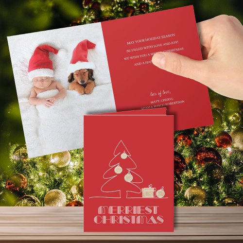 Merry Christmas Tree Folded Red Photo Holiday Card