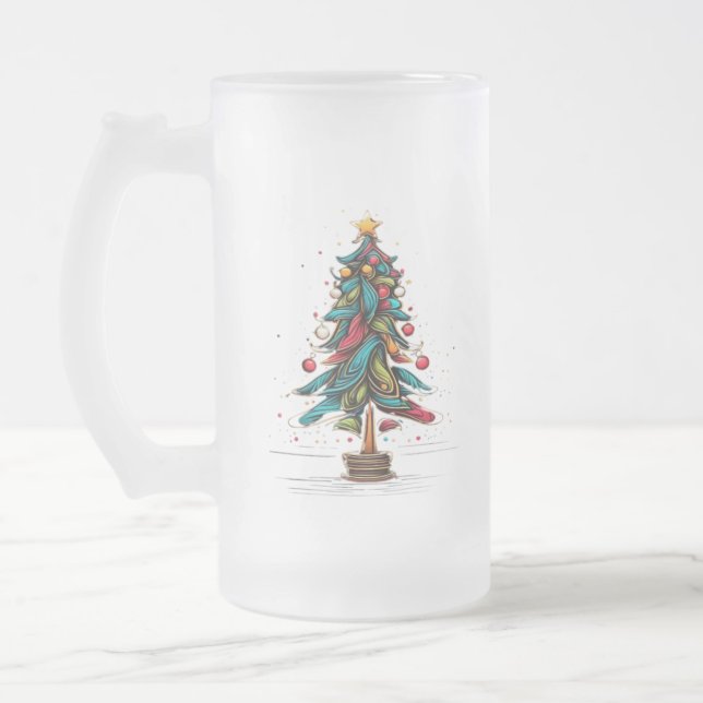Merry Christmas Tree Frosted Glass Beer Mug (Left)