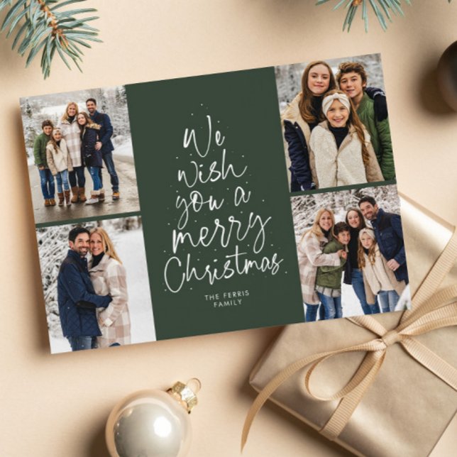 Merry Christmas tree fun four photo green Holiday Card (Creator Uploaded)