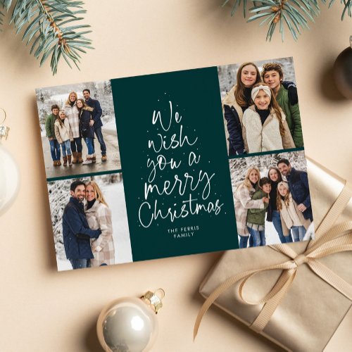 Merry Christmas tree fun photo collage dark green Holiday Card