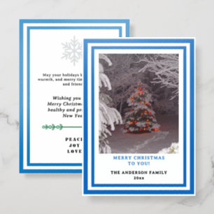 Merry Christmas Tree Geometric Blue White Letterpress Photo Cards