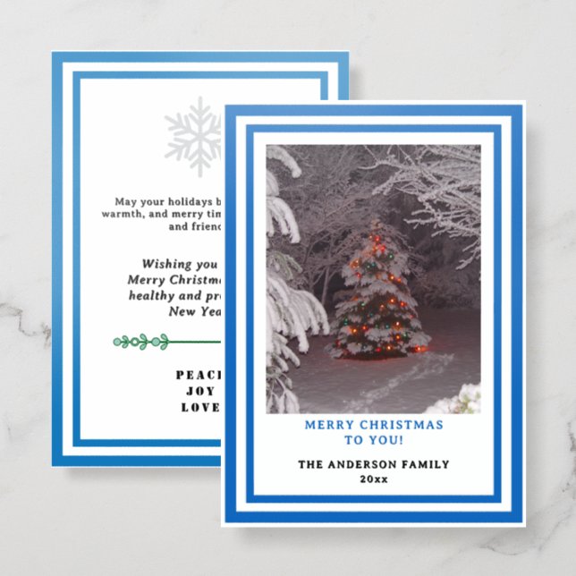 Merry Christmas Tree Geometric Blue White Letterpress Photo Cards (Front/Back)