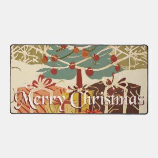 Merry Christmas Tree Gifts in Retro Style Desk Mat