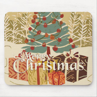 Merry Christmas Tree Gifts in Retro Style Mouse Pad