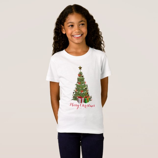 Merry Christmas Tree Girls Holiday  White T-Shirt (Front Full)