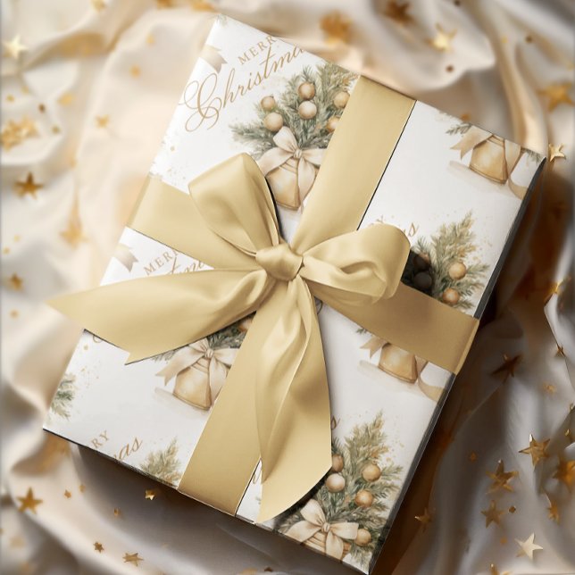 Merry Christmas Tree Gold Beige Calligraphy Wrapping Paper (Creator Uploaded)