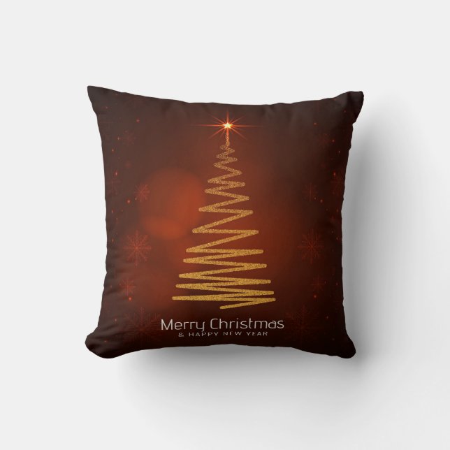 Merry Christmas Tree Gold Glitter Black Modern Throw Pillow (Front)