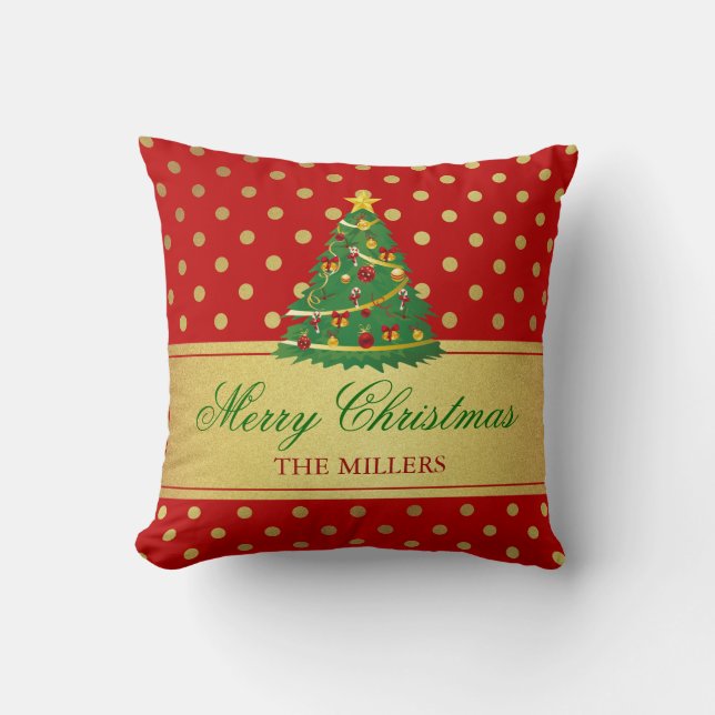 Merry Christmas Tree - Gold Glitter Polka Dots Throw Pillow (Front)