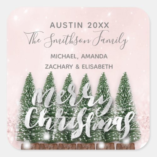 Merry Christmas Tree Gold Pink Winter Lights Snow Square Sticker