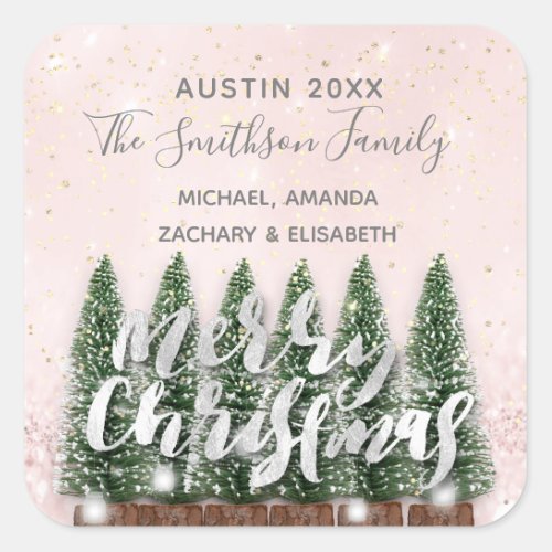 Merry Christmas Tree Gold Pink Winter Lights Snow Square Sticker