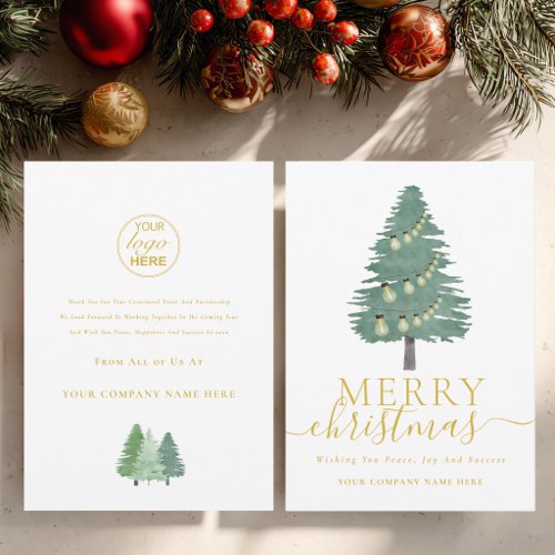 Merry Christmas Tree Gold Script Business Logo Holiday Card