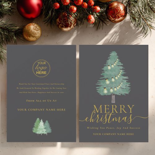 Merry Christmas Tree Gold Script Business Logo Holiday Card