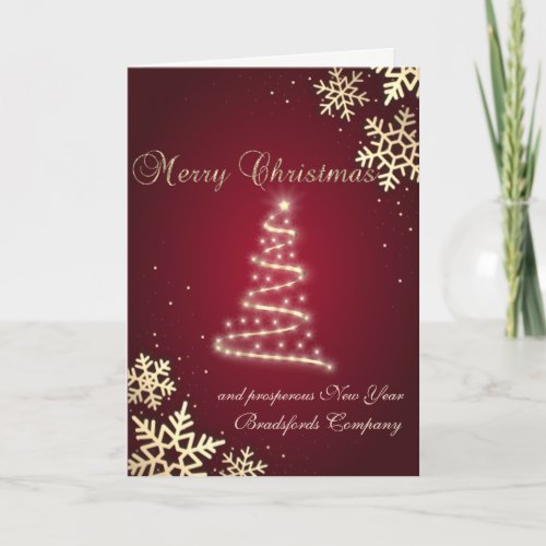 Merry Christmas Tree Gold SnowflakesRed Holiday Card