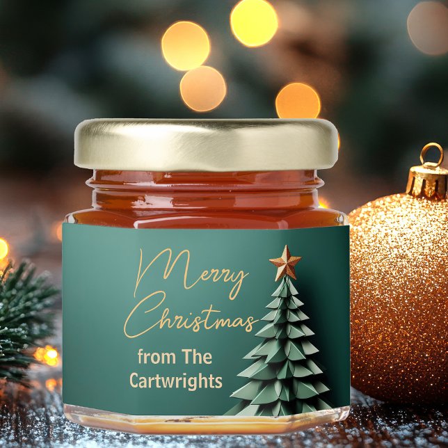 Merry Christmas Tree Gorgeous Green Gold Party Honey Jar Favors (Creator Uploaded)