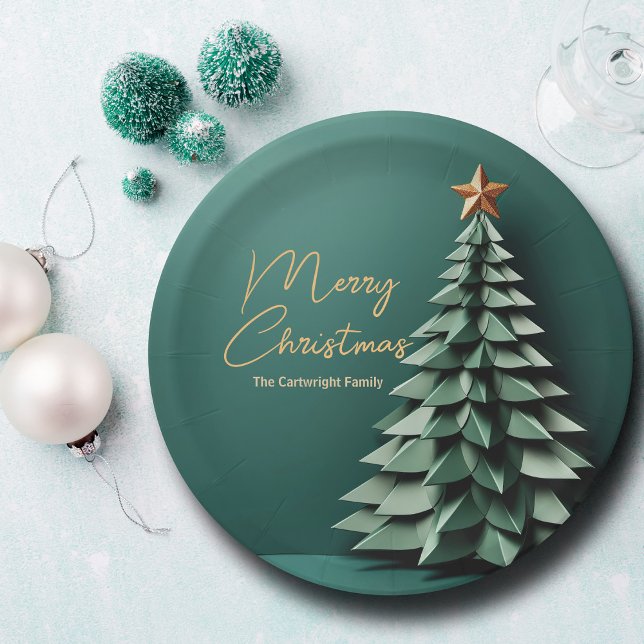 Merry Christmas Tree Gorgeous Green Gold Party Paper Plates (Creator Uploaded)