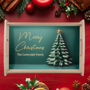 Merry Christmas Tree Gorgeous Green Gold Party Serving Tray