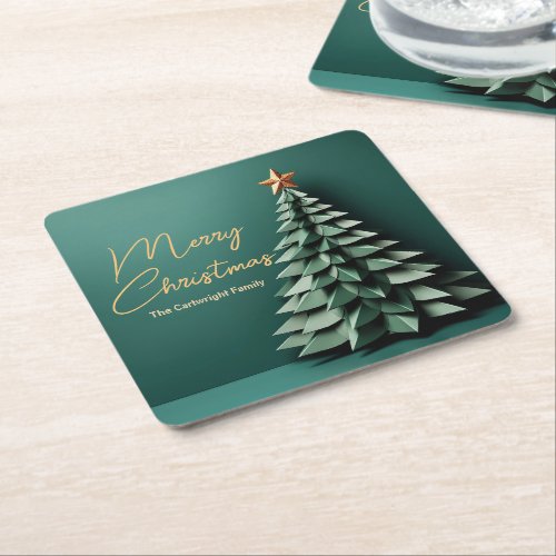 Merry Christmas Tree Gorgeous Green Gold Party Square Paper Coaster
