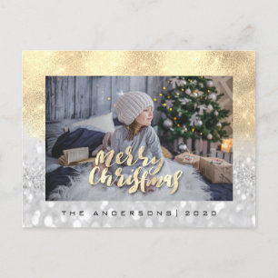 Merry Christmas Tree Gray Gold Spark Photo Glitter Postcard