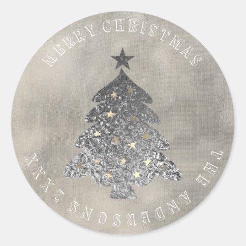 Merry Christmas Tree Gray Ivory Gold Linen Grungy Classic Round Sticker