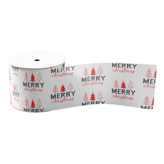 Merry Christmas Tree Gray Red Grosgrain Ribbon (Spool)