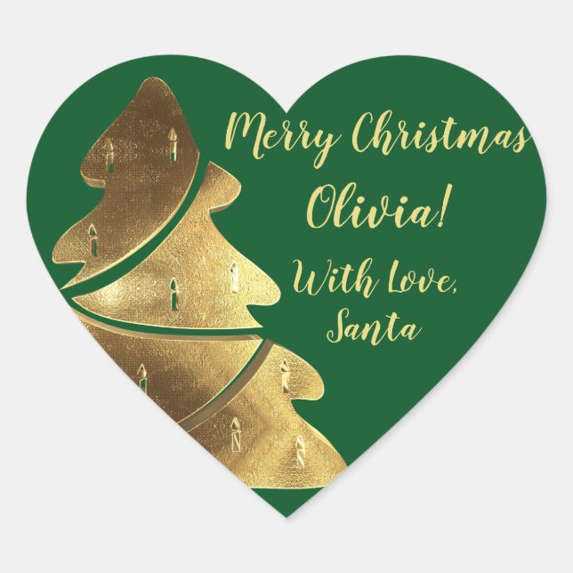 Merry Christmas Tree Green and Gold Elegant Heart Sticker (Front)