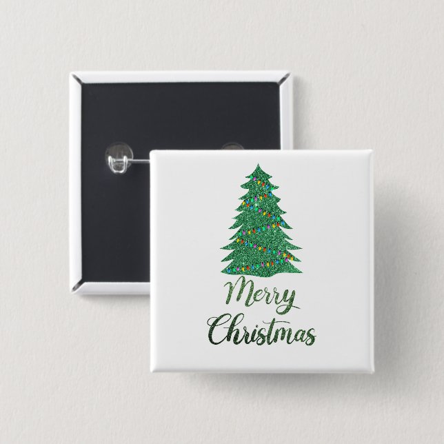 Merry christmas tree- green glitter  button (Front & Back)