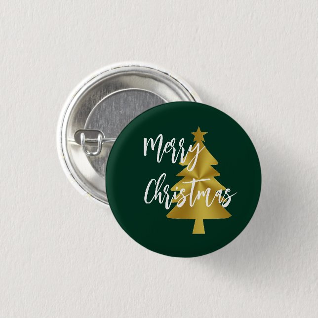 Merry Christmas Tree Green Gold and White Script Button (Front & Back)