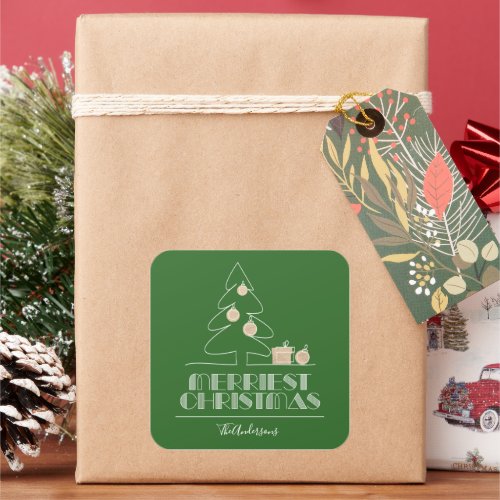 Merry Christmas Tree Green Holiday Square Sticker