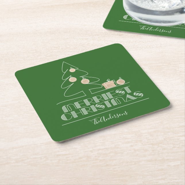 Merry Christmas Tree Green Square Paper Coaster (Angled)