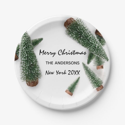 Merry Christmas Tree Green White Snow Minimal Paper Plates