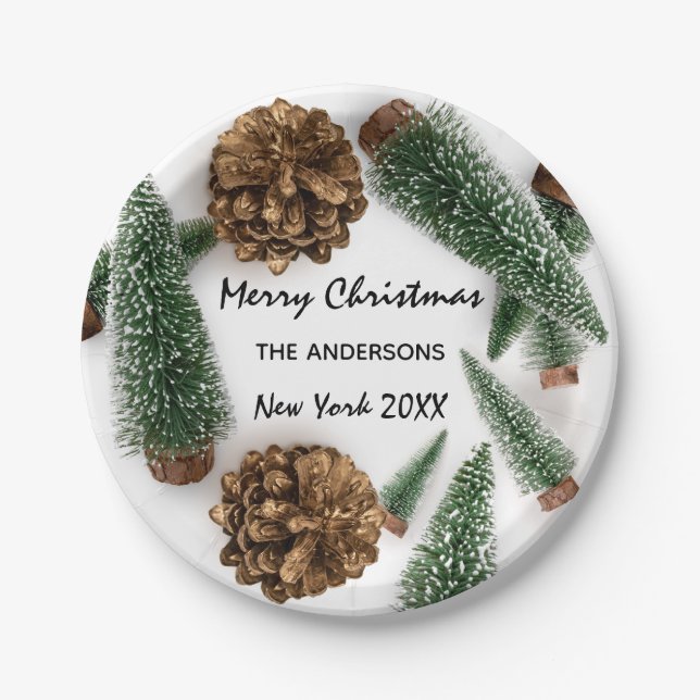 Merry Christmas Tree Green White Snow Minimal Paper Plates (Front)