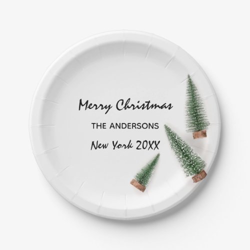 Merry Christmas Tree Green White Snow Minimal Paper Plates