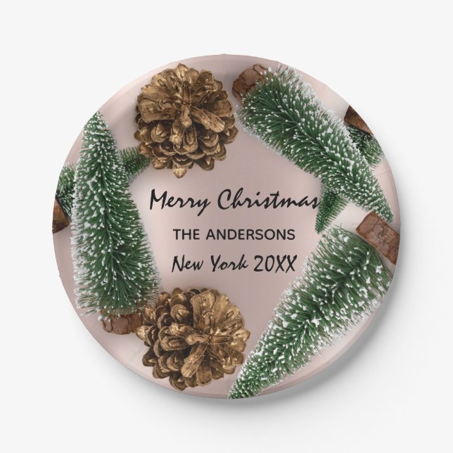 Merry Christmas Tree Green White Snow Rose Paper Plates (Front)